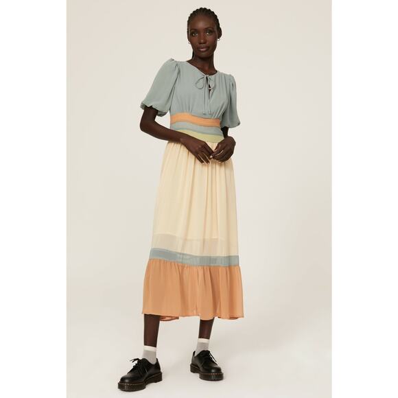 PAMELA LOVE x RTR Multicolored Color Block Crewneck Chiffon Midi Dress Size L - Picture 1 of 15